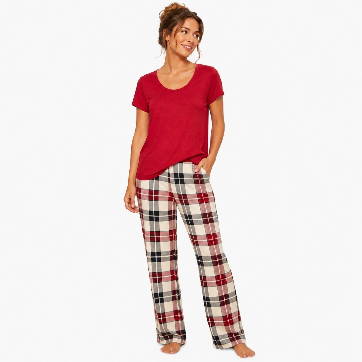 Soma Cool Nights Pajama Set Xs Plaid Pants Red Short Sleeve Pockets Soft Stretch